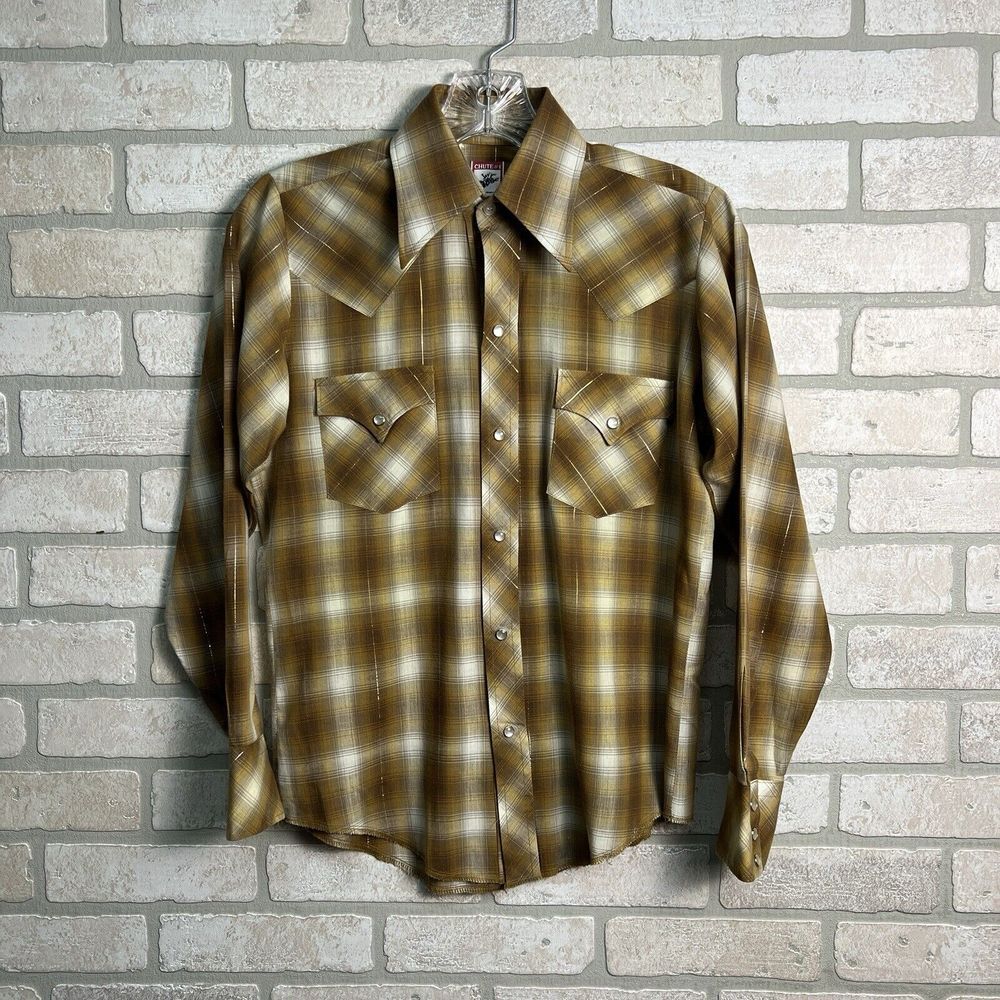 Chute Pearl Snap Shirt‎ Vtg Womens Size Medium Brown Plaid Metallic Long Sleeve